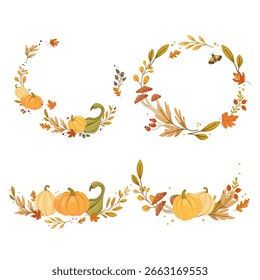 Fall wreaths and borders featuring pumpkins, mushrooms, autumn leaves, berries, and branches in warm seasonal colors. Vector Set. Autumn Wreaths and Borders with Pumpkins Leaves 