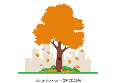 in the fall, yellow leaves fall from the trees to the ground. flat vector illustration