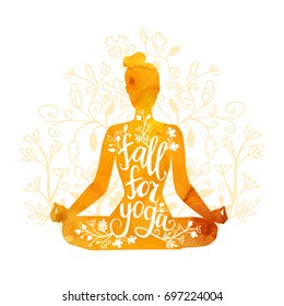 Fall for yoga. Seasonal promotion of fitness classes. Vector illustration of female figure with watercolor texture and hand lettering. Isolated silhouette of woman meditating in lotus pose Padmasana