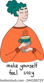 Fall young woman with a cup of hot drink. Young attractive cozy woman with a cup of coffee or tea. Covid 19 Stay Home - Coronavirus Quarantine Concept. Keep calm