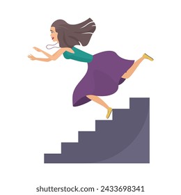 Fall of young woman from stairs, slippery failure, fiasco problem and bad luck of girl vector illustration