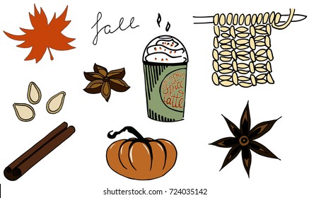 Fall/Autumn illustration set: pumpkin spice latte, maple leaf, knitting, anise seeds,pumpkin, pumpkin seeds, cinnamon stick, "fall" lettering hand written. Thanksgiving day items.