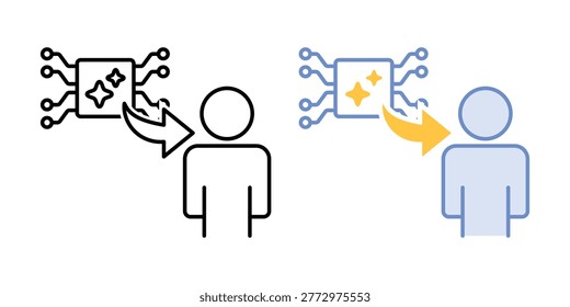 Fallback to human symbol. AI node redirected to human figure via arrow. Escalation from AI to human control. Simple geometric illustration.