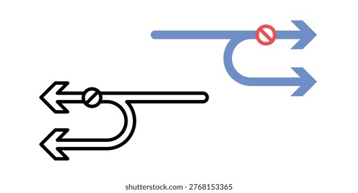 Fallback processing path symbol. Primary path breaking into alternative route. AI fallback and recovery processing concept. Simple geometric illustration.