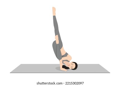 Fallen Angel Pose. Beautiful girl practice Devaduuta Panna Asana. Young attractive woman practicing yoga exercise. working out, black wearing sportswear, grey pants and top, indoor full length, calm