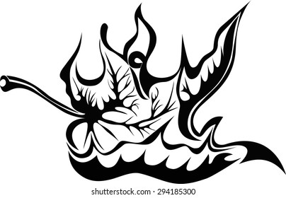 Fallen autumn leaf, ink style drawing