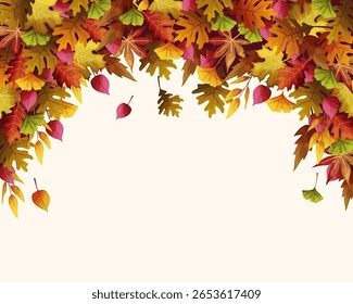 Fallen autumn leaves banner. Vector seasonal foliage background. Fall nature or forest tree backdrop design. Botanical embellishment or leafy adorn layout. Environment and nature, park decoration.