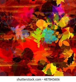 The fallen autumn leaves and intersecting lines. The predominance of red.  Artistic seamless vector background for fabric, home design, printing, book covers, wrapping paper.