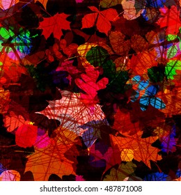 The fallen autumn leaves and intersecting lines. The predominance of red and black Artistic seamless vector background