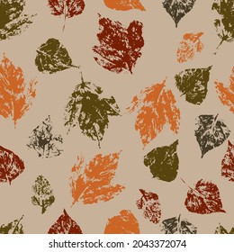 fallen autumn leaves vector seamless pattern stamps of natural leaves paint on paper. background for fabrics, prints, packaging and postcards