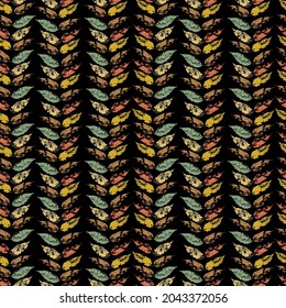 fallen autumn leaves in vertical rows vector seamless pattern of stamps of natural leaves paint on paper. background for fabric, prints, packaging and postcards