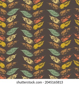 fallen autumn leaves in vertical rows vector seamless pattern of stamps of natural leaves paint on paper. background for fabric, prints, packaging and postcards