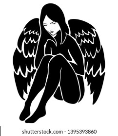 Fallen black angel sitting the ground   isolated white background  Sad emotions  Perfect for die cut paper  wood metal  Template  Stecil  Simple Illustration 
