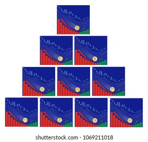  fallen crypto currency  starts to grow along with price on a blue background , set , the price of crypto currency  is rising with growth diagram , color design concept , the red arrow goes into green