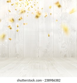 Fallen curves of ribbon confetti over wooden background. Vector illustration.