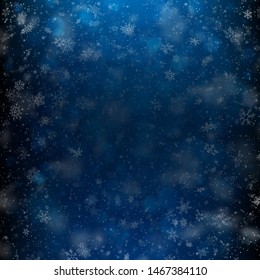 Fallen defocused light and snowflakes. Winter dark background template. EPS 10
