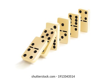 Fallen domino tiles raw. Realistic vector domino effect. Graphic illustration isolated on white background. White bones board game.