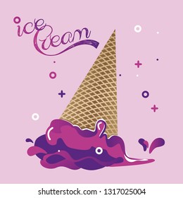 Fallen down ice cream. Flowing dessert bright color. Spray. Background with dots and inscription. Vector gradient illustration