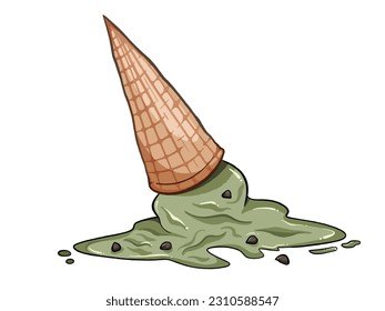 Fallen down matcha ice cream. Melting beige and sage colored summer cold food vector illustration isolated on white horizontal background. Simple flat outlined cartoon art styled drawing.