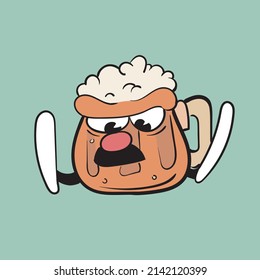 
A fallen drunk foam beer mug Vintage toons: funny character, vector illustration trendy classic retro cartoon style 30s.