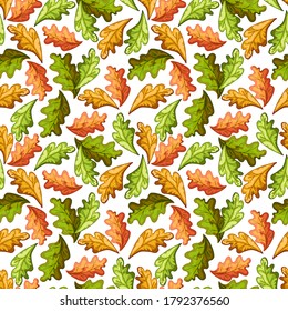 fallen dry oak leaves, brown, yellow, green, autumn seamless pattern, colorful hand drawing