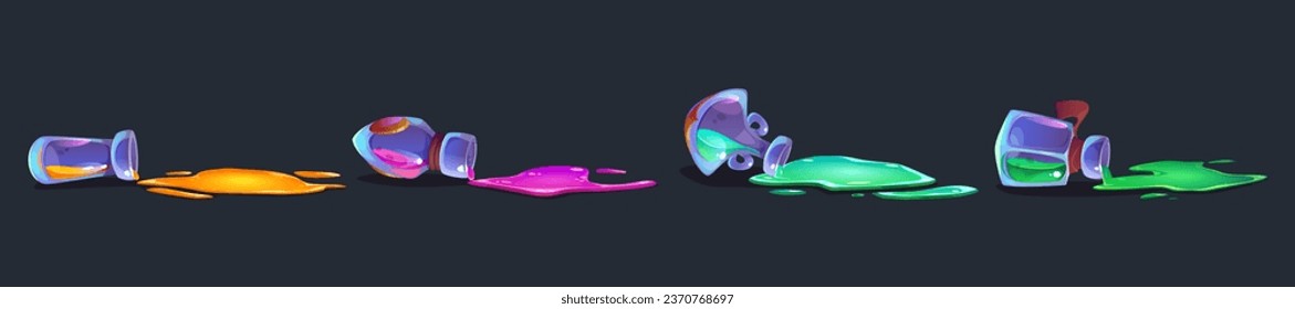 Fallen glass tubes with spilled colored potions. Overturned bottles of witch or wizard glow magic elixir. Cartoon vector flask with puddle of spilt neon fantasy medicine or chemistry laboratory liquid