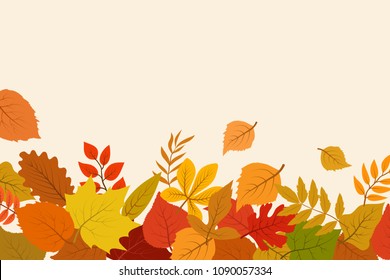 Fallen gold and red autumn leaves. October nature vector abstract background with foliage border. Autumn gold leaf poster and banner illustraion