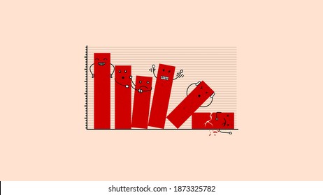 fallen graph with sad, cry and suffering expression cartoon face. business metaphor fallen chart vector illustration