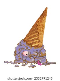 Fallen head ice cream or gelato, A unique illustration design with a dented ice cream cartoon head because it fell, a cone with a color that makes you want to eat it.