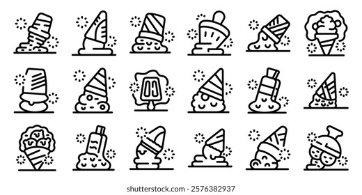  Fallen ice cream icons set. Melted ice cream dripping on the ground, different types of ice cream cones and popsicles melting