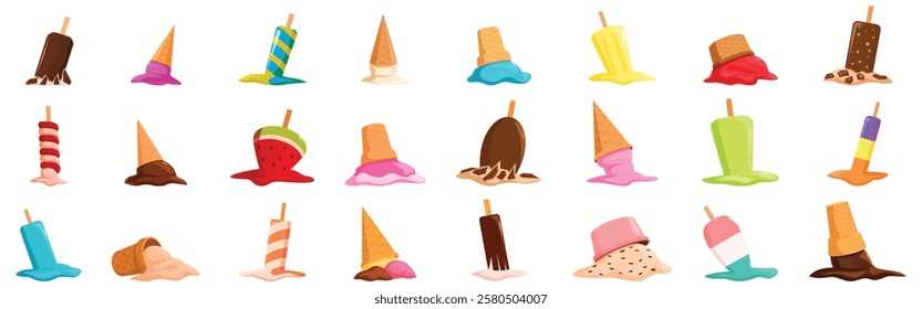  Fallen ice cream icons set. Various flavors of ice cream and popsicles melting on ground, creating colorful puddles