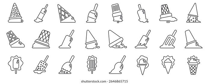  Fallen ice cream icons set. Set of simple black line icons of different ice cream cones and popsicles melting and dripping