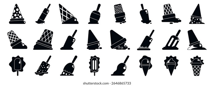  Fallen ice cream icons set. Set of black and white icons depicting various melting ice cream and popsicles, symbolizing summer heat and the need for refreshment