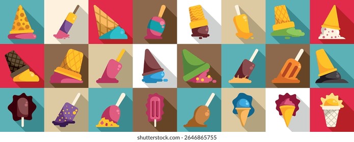  Conjunto de ícones de sorvete caído. Deliciosas sobremesas congeladas derretendo em vários fundos coloridos, perfeito para projetos de verão