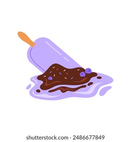 Fallen ice cream on stick with purple icing and blueberry filling vector illustration