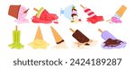 Fallen ice cream set. Popsicle soft balls drop down and melt on floor, strawberry and mint sundae with chocolate and candy in waffle cone, summer dessert drop mistake cartoon vector illustration