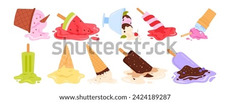 Fallen ice cream set. Popsicle soft balls drop down and melt on floor, strawberry and mint sundae with chocolate and candy in waffle cone, summer dessert drop mistake cartoon vector illustration