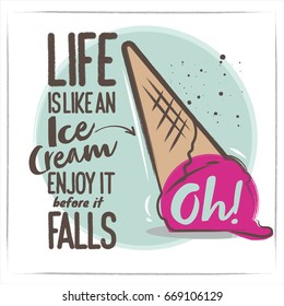 Fallen ice cream in a waffle cup. Sketched illustration