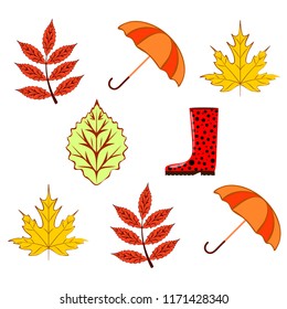 fallen leaf umbrella rubber boot autumnal vector background