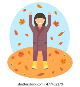 Fallen leaves in autumn season vector image. Woman is throwing up the autumn leaves. The autumn season.