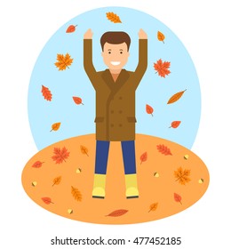 Fallen leaves in autumn season vector image. Man is throwing up the autumn leaves. The autumn season.