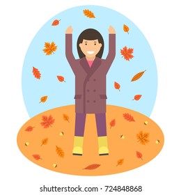 Fallen leaves in autumn season vector image. Woman is throwing up the autumn leaves. The autumn season.