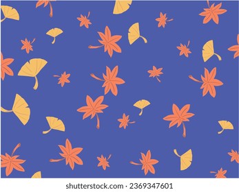 Fallen leaves of ginkgo and maple wallpaper background hand-drawn illustration (blue background)
