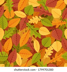 Fallen leaves. Seamless pattern. Autumn background with color leaves - yellow, red, orange, green. Natural vector background for autumn design. Сolored fallen leaves of oak, birch, linden and ash.
