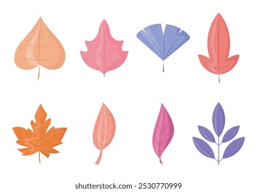 Fallen leaves set. Orange, pink and blue leaves. Autumn and fall season. Maple and leaf. Nature and forest. September and November. Flat vector collection isolated on white background