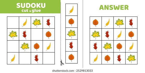 Fallen leaves in sudoku. Game puzzle for kids. Cut and glue. Cartoon, isolated, vector, eps 10
