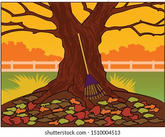 Fallen leaves surround a bare tree.