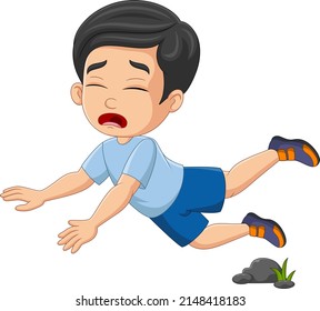 Fallen little boy tripping over a rock