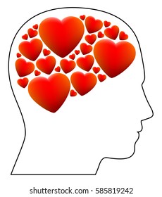 Fallen in love - symbolized by a head full with hearts instead of brain - illustration on white background.