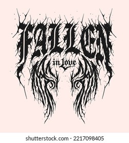 Fallen in love wording slogan print design illustration and tribal wings in metal grunge style